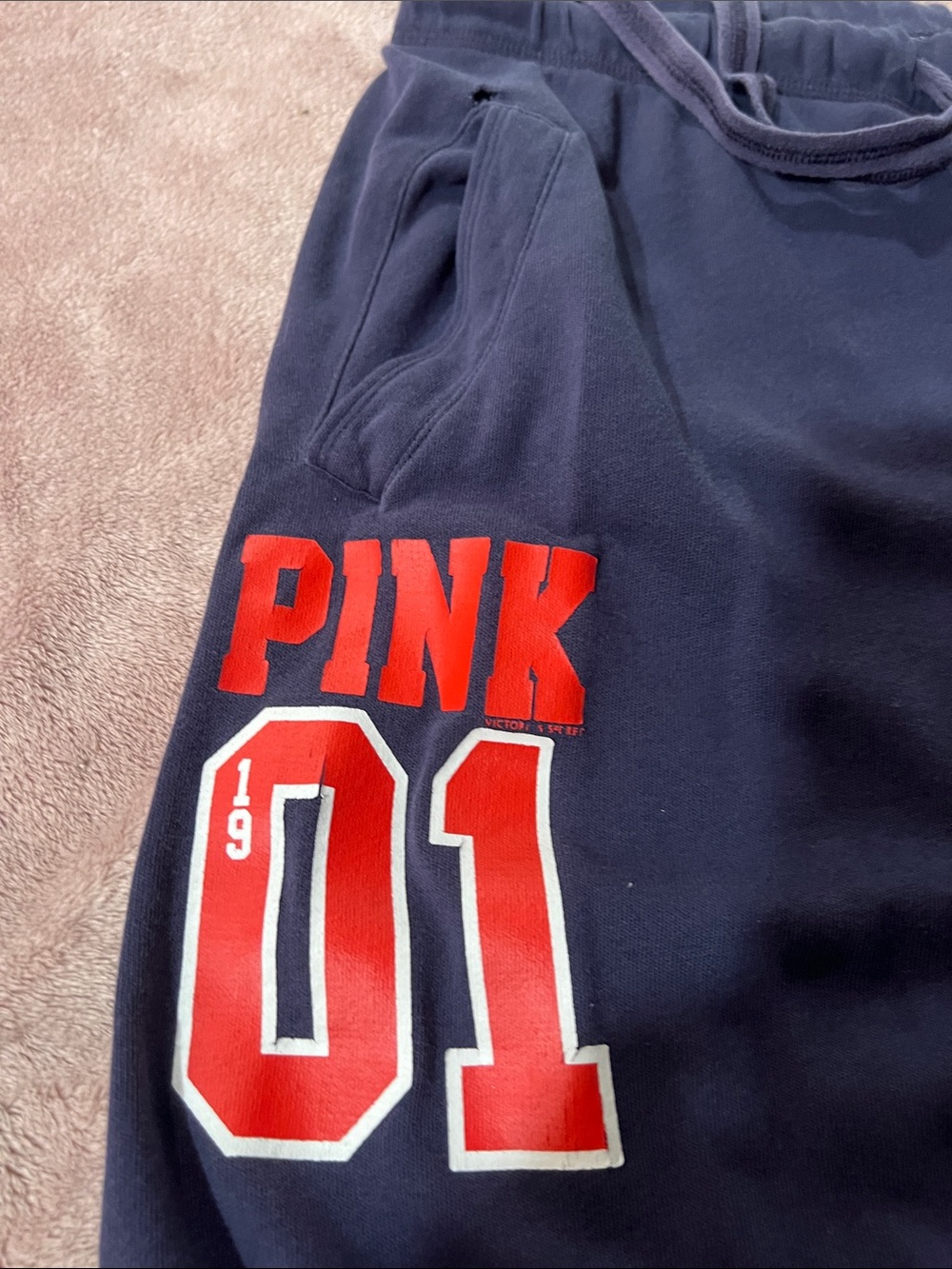 PINK Victoria's Secret Navy Sweatpants with Red & White Graphics - Picture 5 of 9